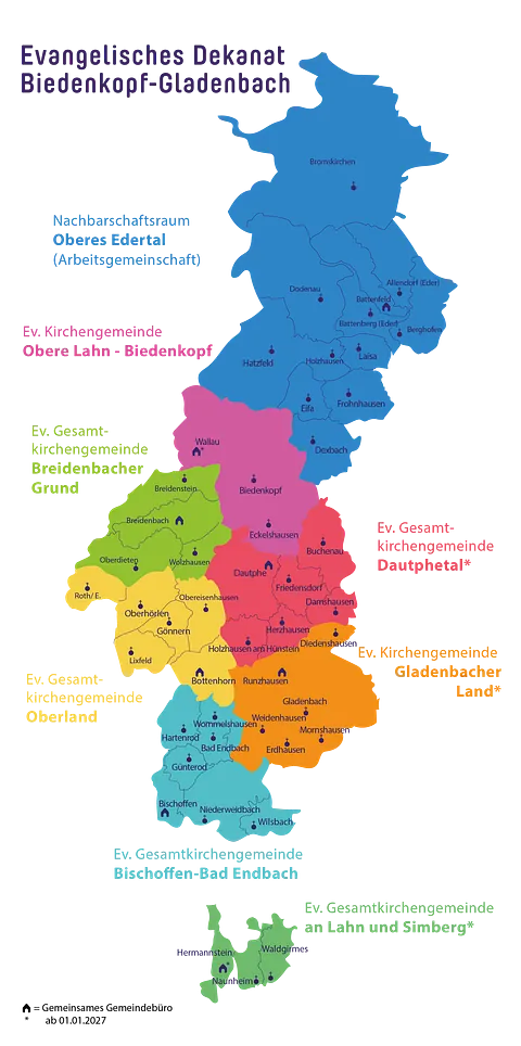 Die Karte zeigt das Dekanat Biedenkopf-Gladenbach mit den Rechtsformen der Nachbarschaftsräume, Arbeitsgemeinschaften, Kirchen- und Gesamtkirchengemeinden im Jahr 2026/27.