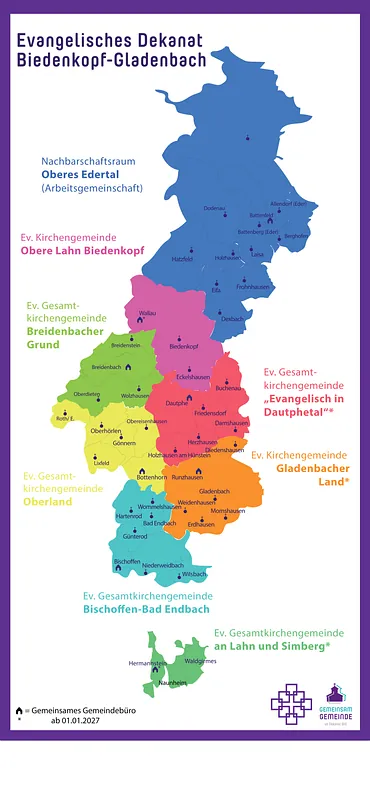 Die Karte zeigt das Dekanat Biedenkopf-Gladenbach mit den Rechtsformen der Nachbarschaftsräume, Arbeitsgemeinschaften, Kirchen- und Gesamtkirchengemeinden im Jahr 2026/27.